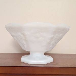 Vintage milk glass fruit print pedestal bowl.